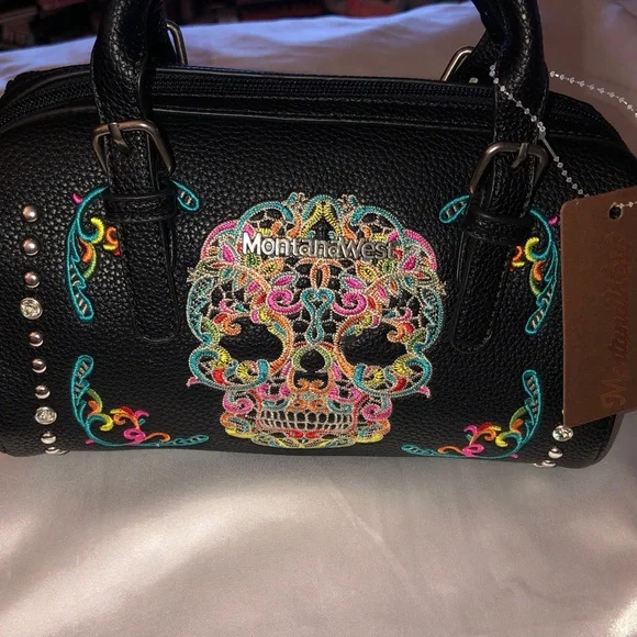 Montana West Black Faux Leather Embroidered Sugar Skull Satchel Crossbody NWT - Picture 3 of 16